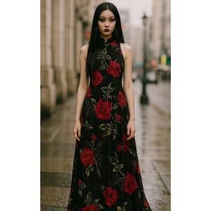 Vtg CACHE Dress Black Sheer Mesh Maxi 4 Rose Flowers 90's Goth Homecoming Y2K